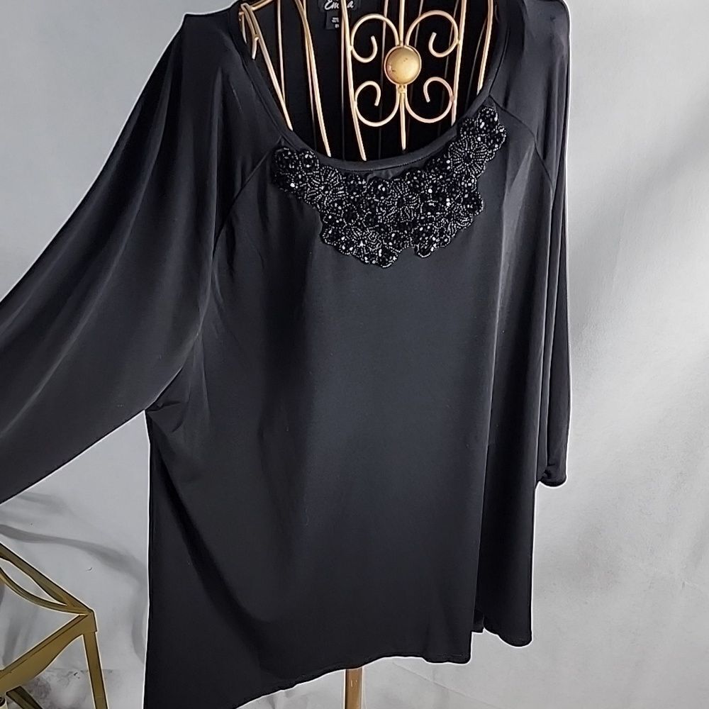 Ruched Sleeve Detail and Beaded Neckline Holiday Sparkle Top Size 2X